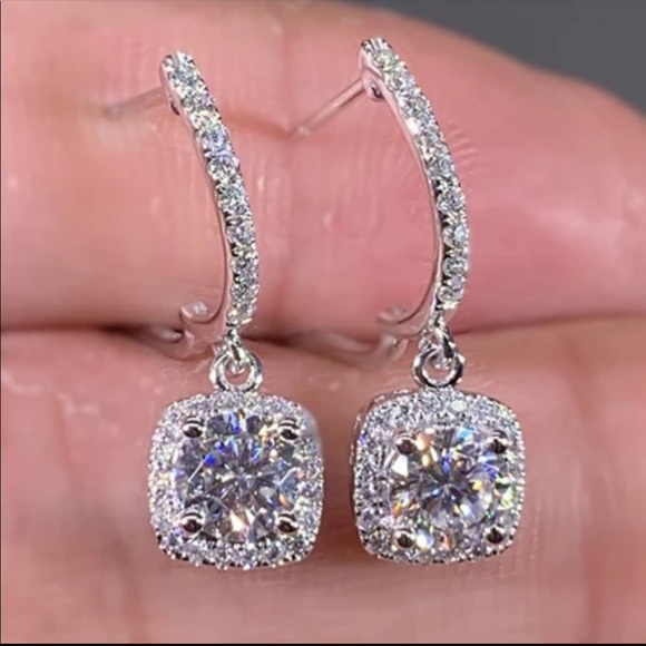 New Women’s925 Silver Diamond Square Drop Earrings - Picture 3 of 5